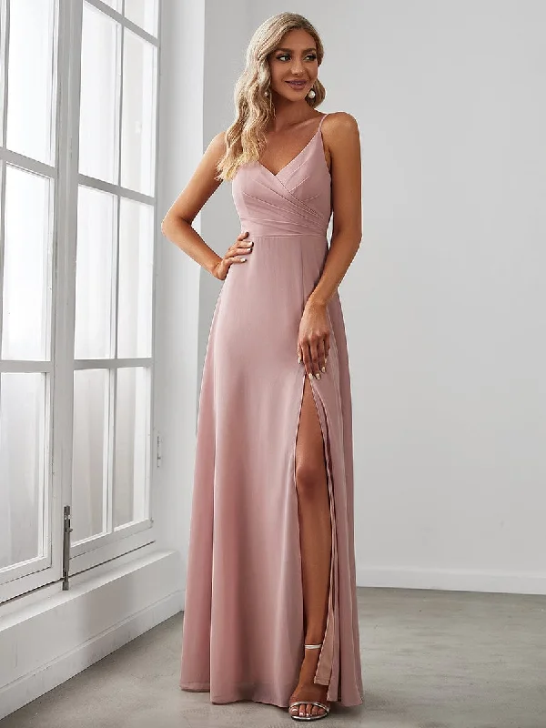 Little Black Women Dress with Sequins for a Glamorous Night OutPleated V-Neck Spaghetti Strap High Slit Bridesmaid Dress