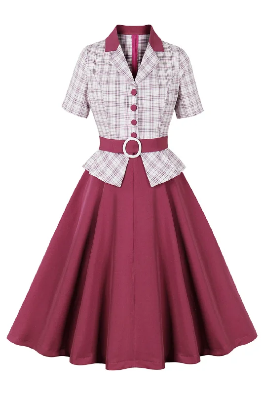 Plus Size Women Dress with a Flattering A - Line Cut for Comfort and StylePurple Red Plaid Short Sleeves Swing 1950s Dress