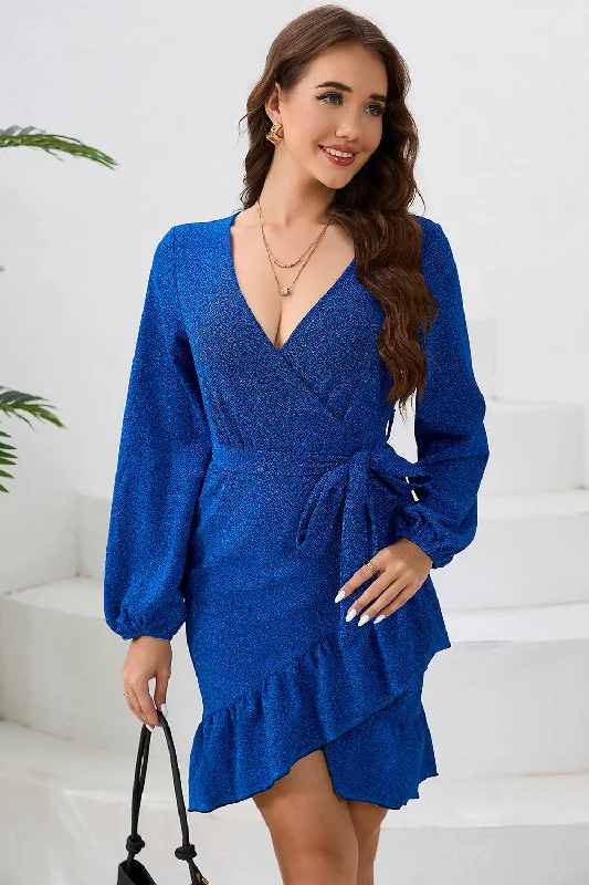 Mermaid - Style Women Dress with a Fitted Silhouette for Special OccasionsRoyal Blue V Neck Wrap Ruffle Long Sleeves Short Party Dress