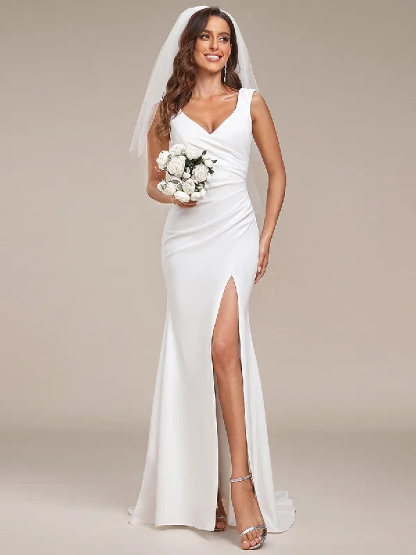 Halter Neck Women Dress to Show Off the Shoulders and NecklineRuched Bodycon Deep V-Neck Sleeveless Simple Wedding Dress