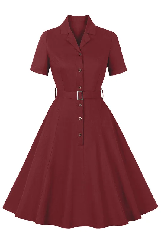 Pleated Women Dress with a Timeless and Elegant TextureSimple Burgundy Lapel Neck Vintage 1950s Dress