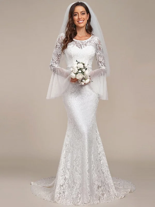 Off - the - Shoulder Women Dress for a Romantic and Feminine LookSweetheart Long Bell Sleeve Mermaid Wedding Dress