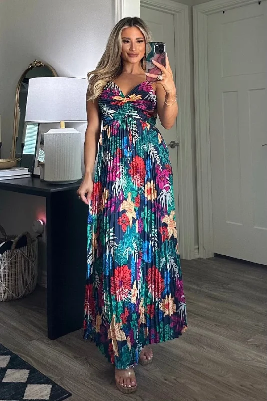 Mermaid - Style Women Dress with a Fitted Silhouette for Special OccasionsTropicana Sunsets Pleated Maxi Dress: Navy Multi