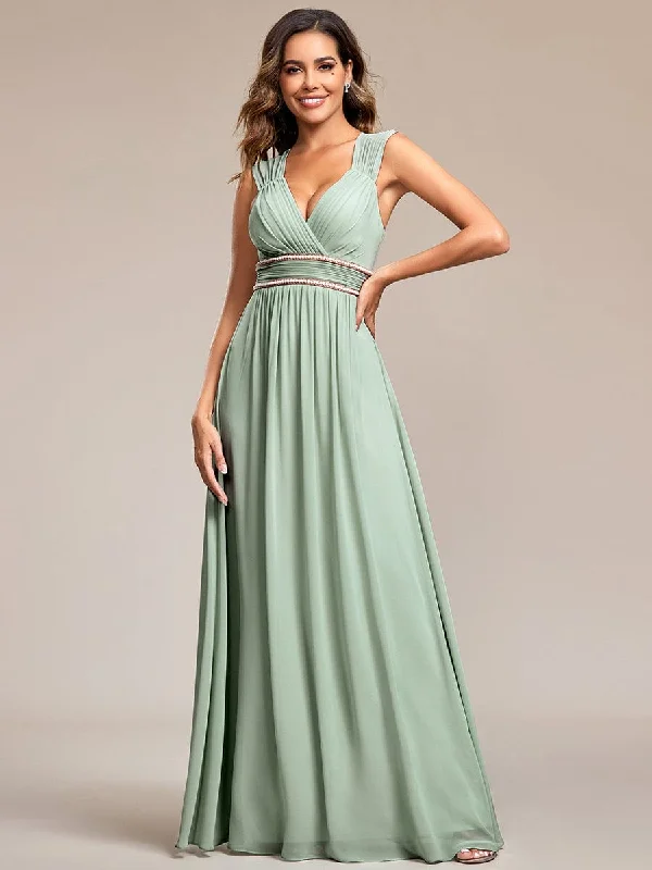 Long - Sleeve Women Dress in Velvet for a Luxurious Winter LookV-Neck Sleeveless Beaded Belt Chiffon A-Line Evening Dress