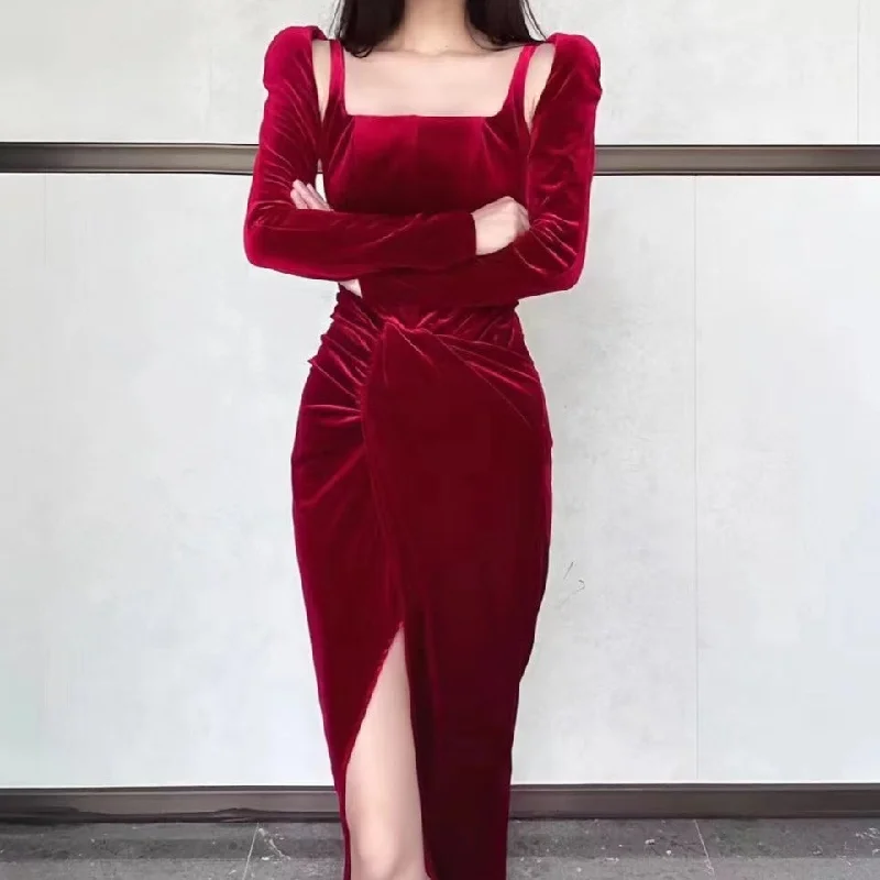 Strapless Women Dress with a Built - in Bra for Comfort and SupportKittenAlarm - Vanessa Corset Front Slit Midi Dress