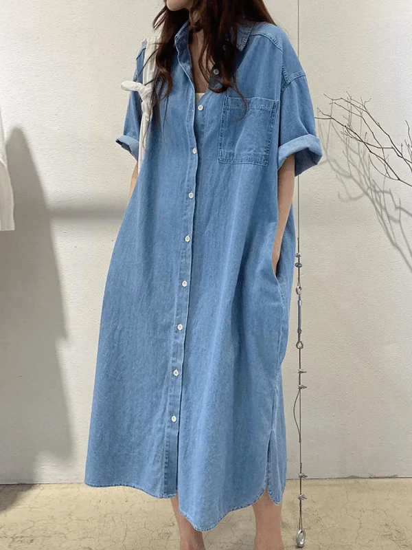 Mermaid - Style Women Dress with a Fitted Silhouette for Special OccasionsVibeMartini-Vintage Lapel Single Breasted Casual Pocket Denim Dress