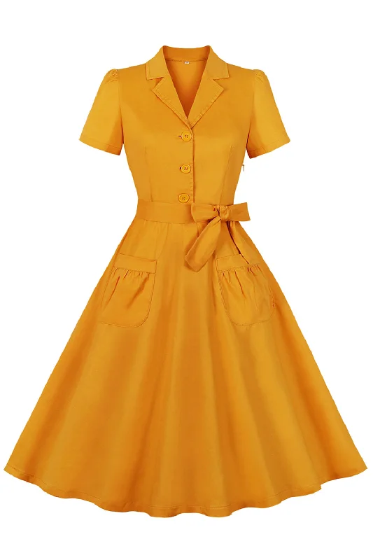 Backless Women Dress for a Sexy and Alluring Look at Evening EventsYellow Ruffled Notched Lapel Belted Bows 1950s Dress with Pockets