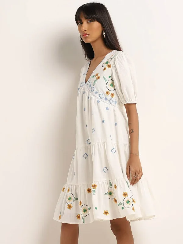 Solid Color Women Shorts in Bright Hues for a Bold StatementBombay Paisley Ivory Floral Embroidered Tiered Cotton Dress