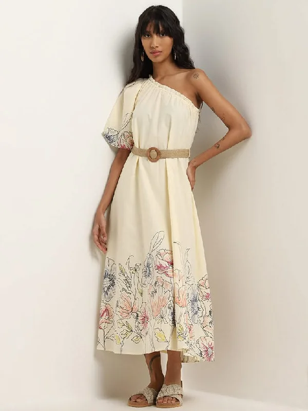 High - Waisted Women Shorts for a Retro and Flattering LookBombay Paisley Off-White Cotton One-Shoulder Dress & Belt