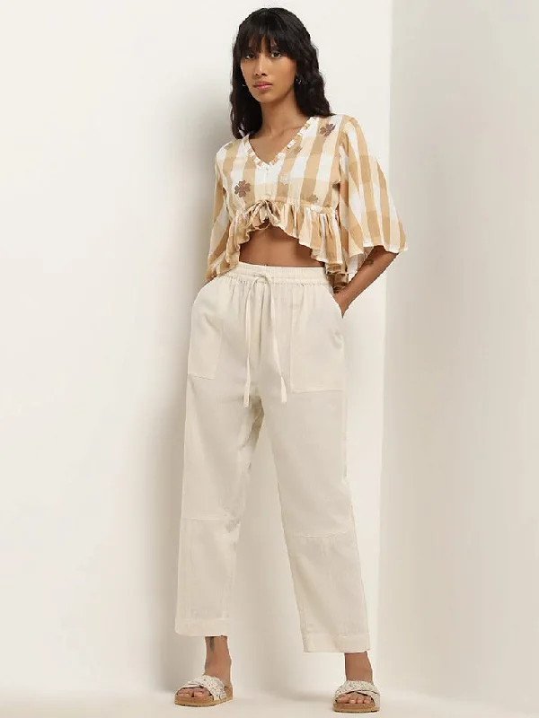 Twill Women Shorts with a Smooth Texture and DurabilityBombay Paisley Off-White High-Rise Cotton Blend Pants