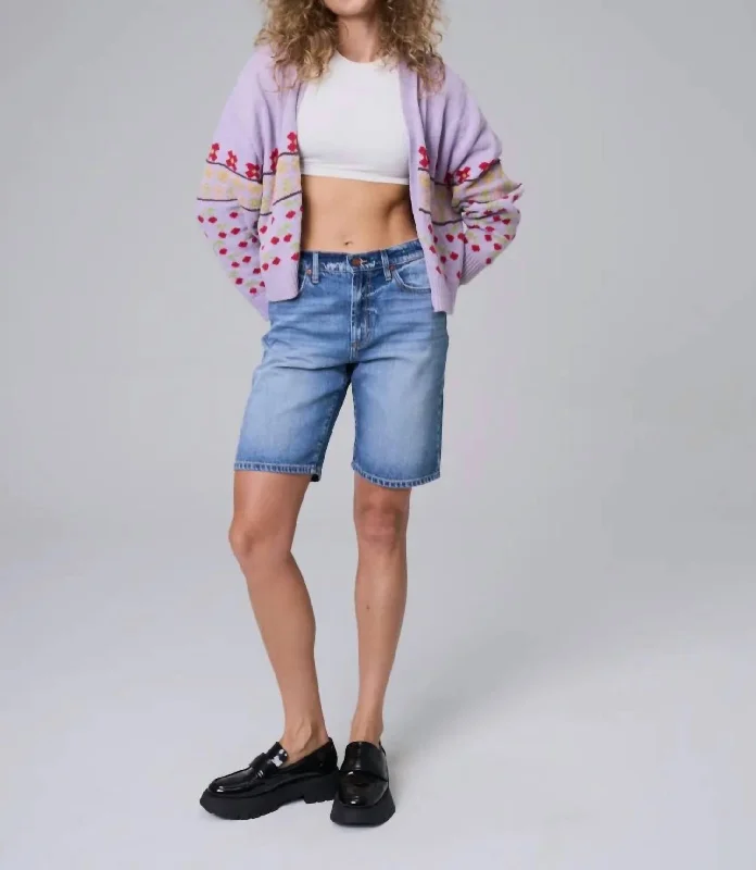 Belted Women Shorts to Enhance the WaistlineDenim Shorts In A Longer Length In Medium Wash