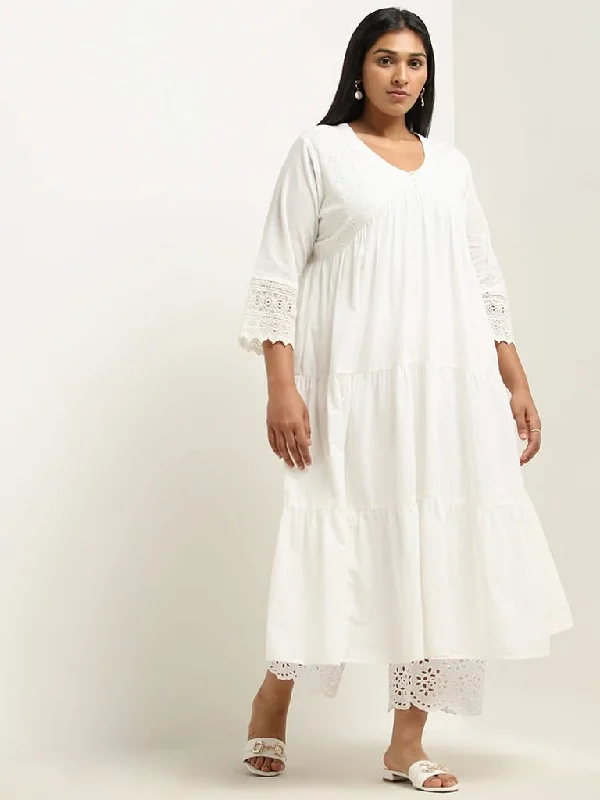 Elastic Waist Women Shorts for Easy Wear and ComfortDiza White Schiffli Design Fit-and-Flare Cotton Kurta