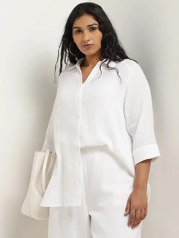 Belted Women Shorts to Enhance the WaistlineGia White Crinkle Textured Cotton Shirt