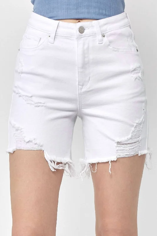 Elastic Waist Women Shorts for Easy Wear and ComfortHigh Rise Distressed Mid Thigh Shorts In White