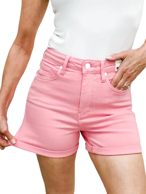 Stretchable Women Shorts for Maximum MobilityHigh Rise Tummy Control Garment Dyed Shorts In Pink