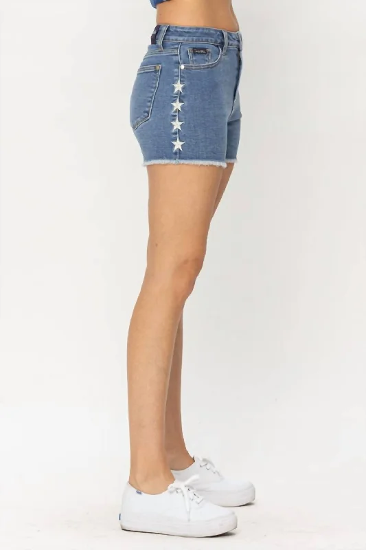 Elastic Waist Women Shorts for Easy Wear and ComfortHw Embroidered Star Cut Off Shorts In Blue