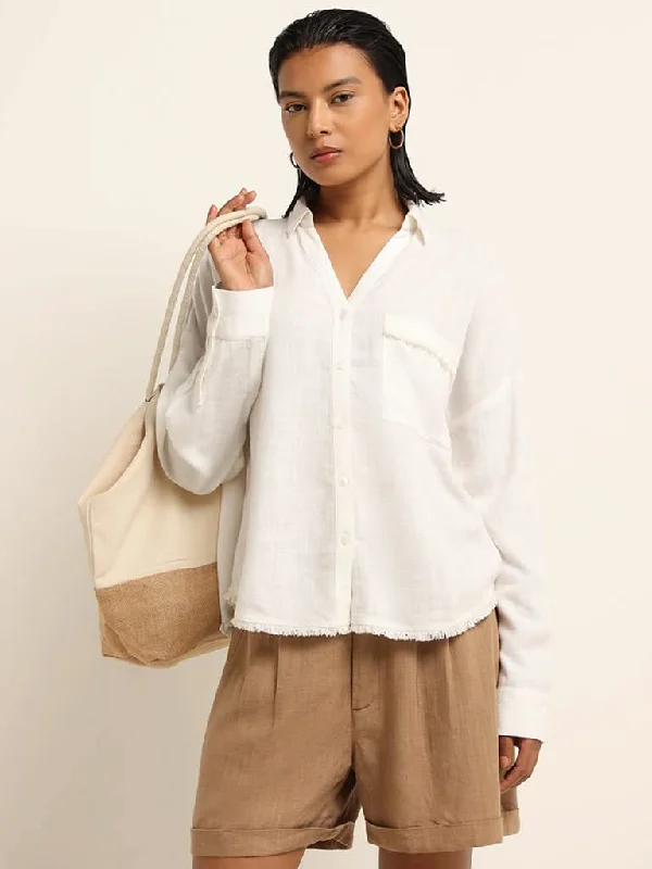 Ruffled Hem Women Shorts to Add a Feminine TouchLOV White Frayed Pattern Blended Linen Shirt