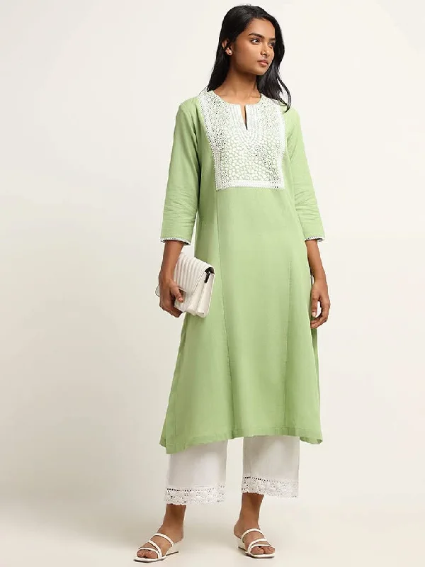 Plus Size Women Shorts with a Comfortable and Stylish FitUtsa Green Mirror Cotton Blend Embroidered Kurta