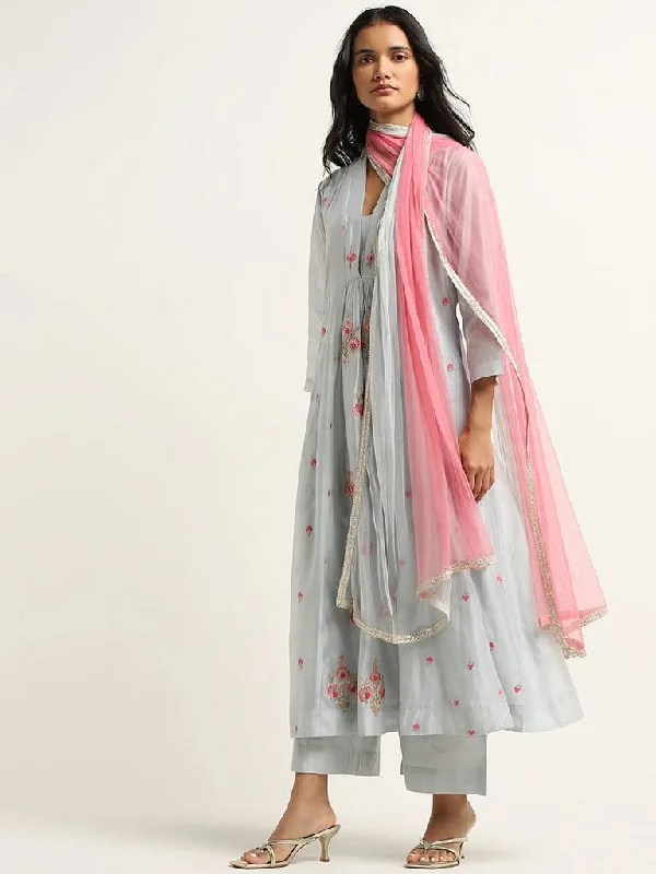 Patterned Geometric Women Shorts for a Modern AppealVark Dusty Blue Floral A-Line Kurta, Mid Rise Pants & Net Dupatta Set