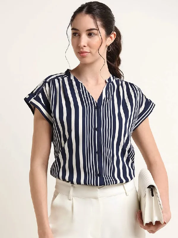 Twill Women Shorts with a Smooth Texture and DurabilityWardrobe Navy Striped Top