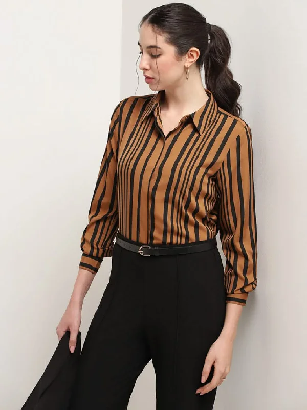 High - Waisted Women Shorts for a Retro and Flattering LookWardrobe Tan Striped Polyester Shirt