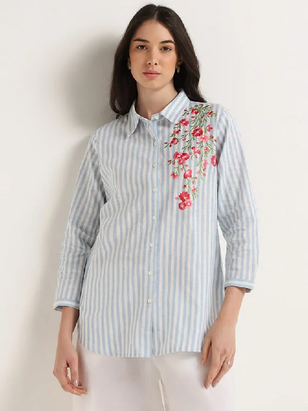 Embroidered Women Shorts with Intricate DesignsZuba Blue Floral Embroidered Cotton Tunic