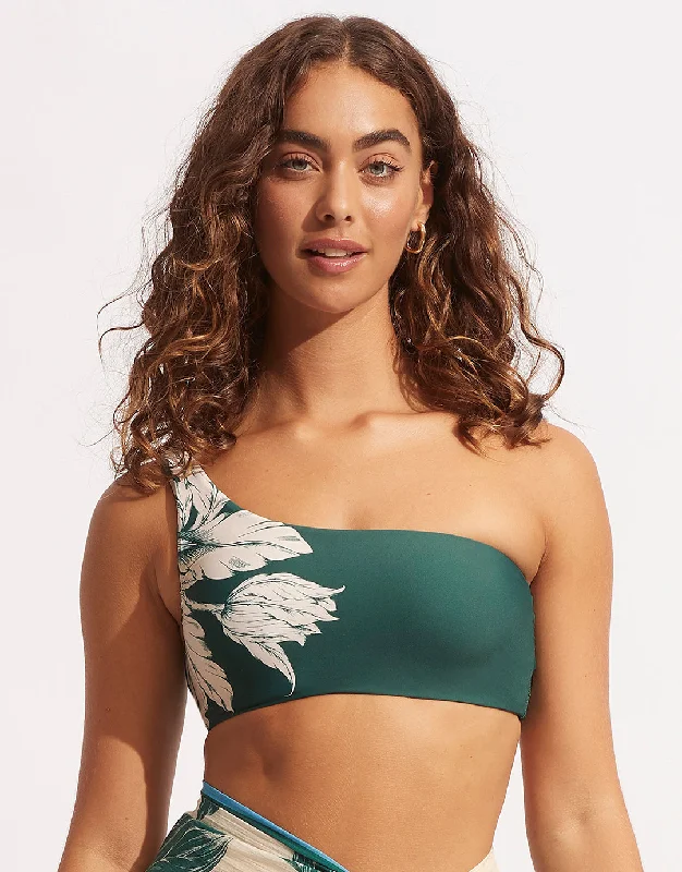 Monokini - style bikini with a unique one - piece - meets - bikini designFleur de Bloom One Shoulder Bikini Top - Evergreen